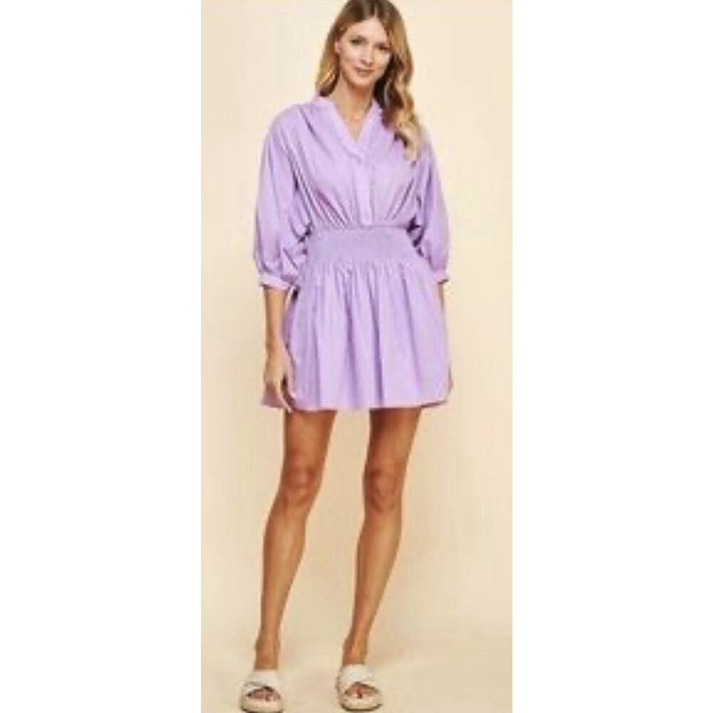 Pinch Mini Dress Womens Med Purple Pleated Puff Sleeve Boho Preppy smocked NWT